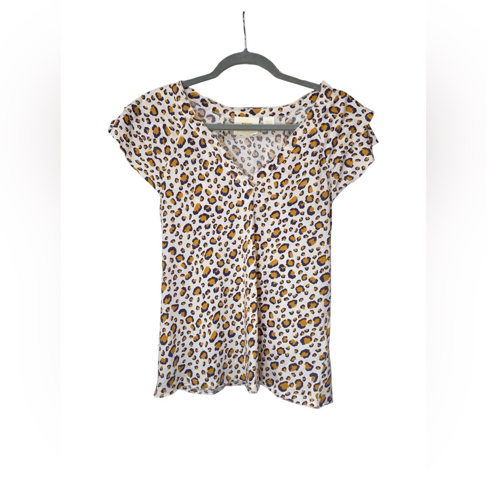 Anthropologie Leopard Print V-Neck Blouse -‎ White and Brown